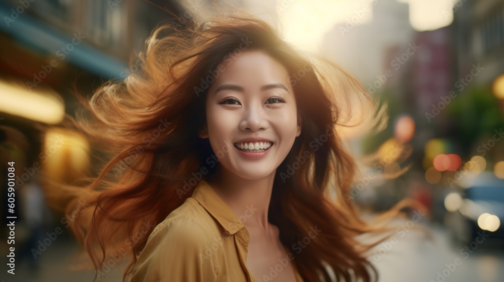 Portrait of young beautiful asian woman with flying hair in the city.Generative Ai Portrait of young beautiful asian woman with flying hair in the city.Generative Ai