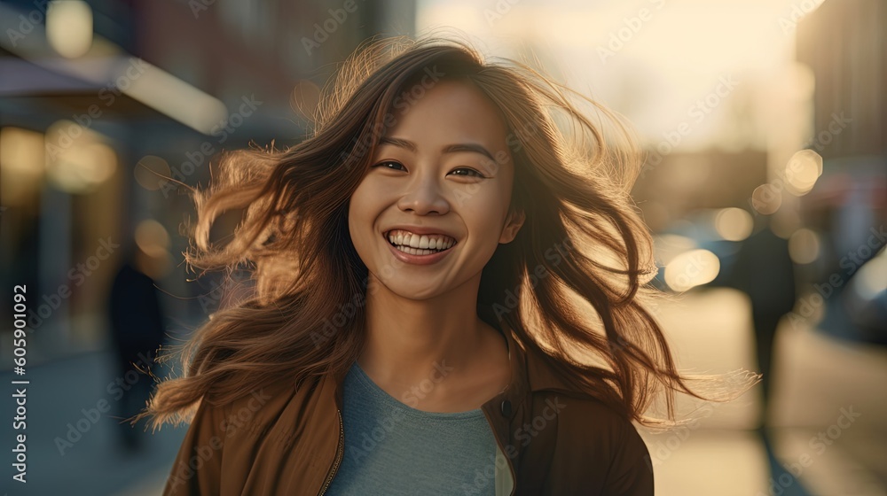 Portrait of young beautiful asian woman with flying hair in the city.Generative Ai Portrait of young beautiful asian woman with flying hair in the city.Generative Ai