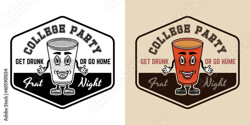 Collage party vector emblem, badge, label or logo with plastic cup of beer cartoon smiling character. Two styles monochrome and colored with removable textures