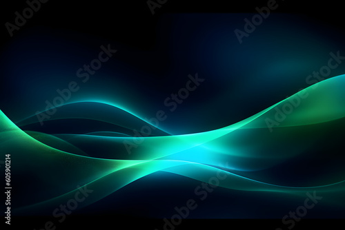 green blue neon glowing abstract futuristic background with high speed moving wave lines in the black background. Generative ai.