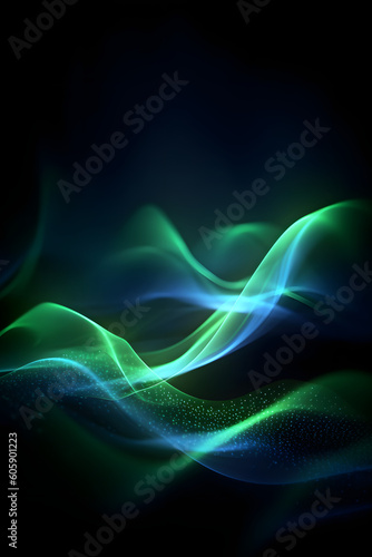 green blue neon glowing abstract futuristic background with high speed moving wave lines in the black background. Generative ai.