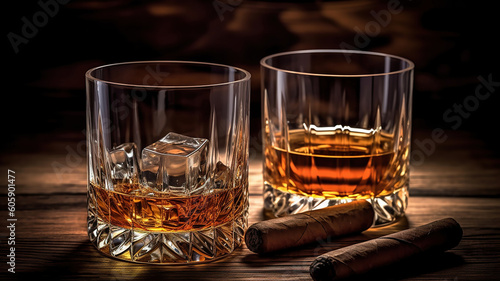 Whiskey and cigar on wooden background. Generative Ai
