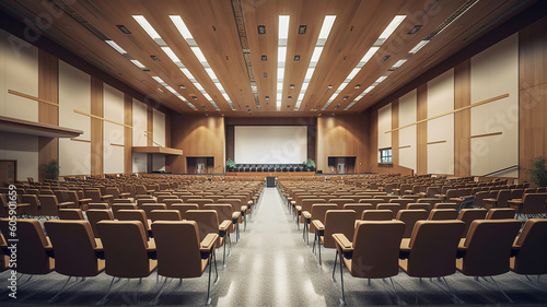 Modern auditorium interior with lecturer desk and rows of vintage chairs in luxury training center. Generative Ai © Malika