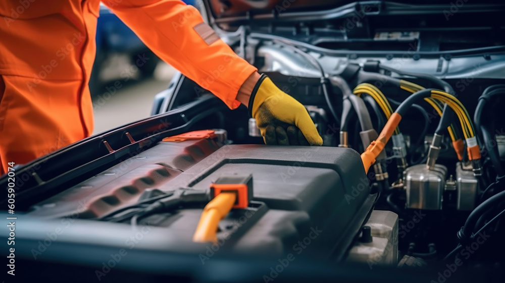 Selective focus hands in gloves of expert technicain electric car, EV car while opened A used Lithium-ion car battery before its repair. Generative Ai Selective focus hands in gloves of expert technicain electric car, EV car while opened A used Lithium-ion car battery before its repair. Generative Ai