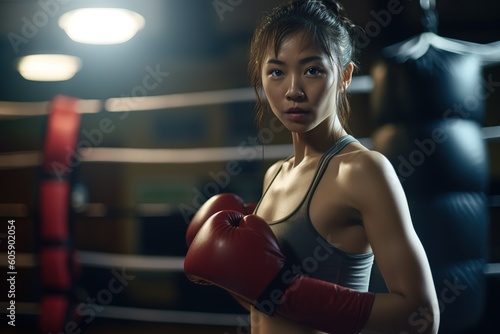 Asian young woman training in boxing gym and looking at camera