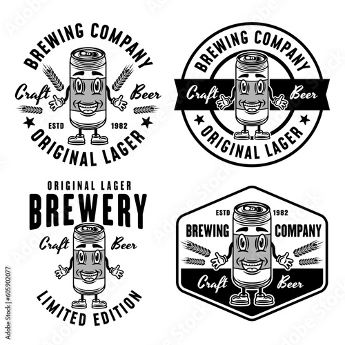Brewery company set of vector monochrome emblems, badges, labels or logos with beer can smiling character isolated on white background