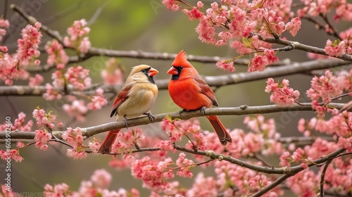 Fotografie, Tablou Couple of Northern cardinal birds on cherry blossom tree