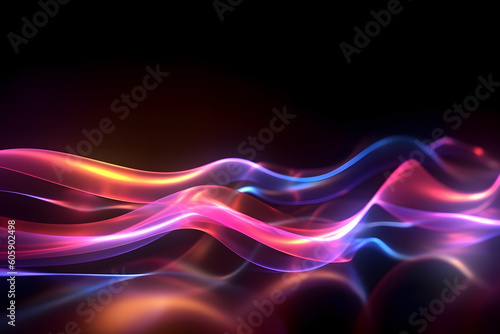 vibrant neon glowing abstract futuristic background with high speed moving wave lines in the black background. Generative ai. © Pattanan
