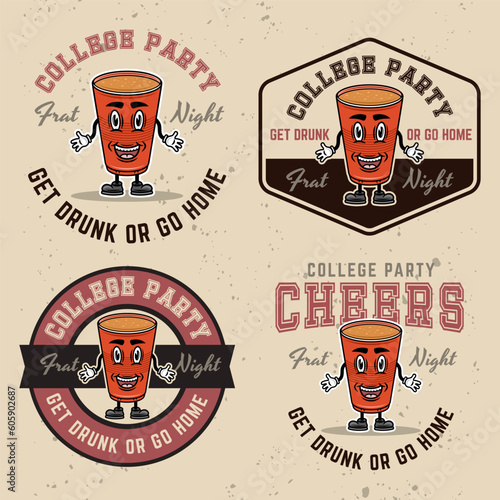Collage party set of vector emblems, badges, labels or logos with plastic cup of beer cartoon character on light textured background