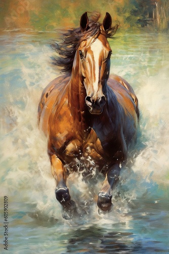 Horse running through water  dynamic  movement  beautiful oil painting  fine art  award-winning art