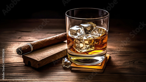 Whiskey and cigar on wooden background. Generative Ai