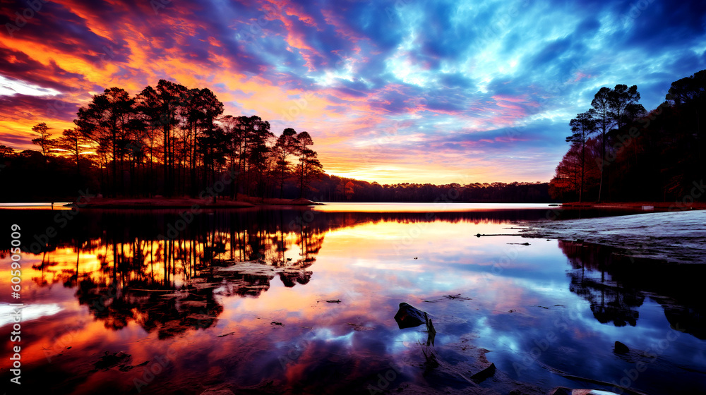 Painted Horizons: Colorful Sunset Illuminates a Scenic Forest Lake