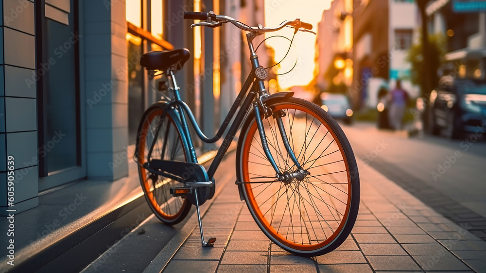 bicycle of the street during sunset. Generative Ai