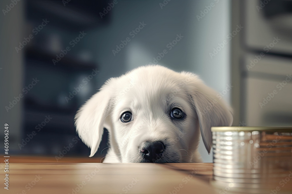 Realistic close up of white puppy peeking over counter and looking to the container with dog food. Generated Ai