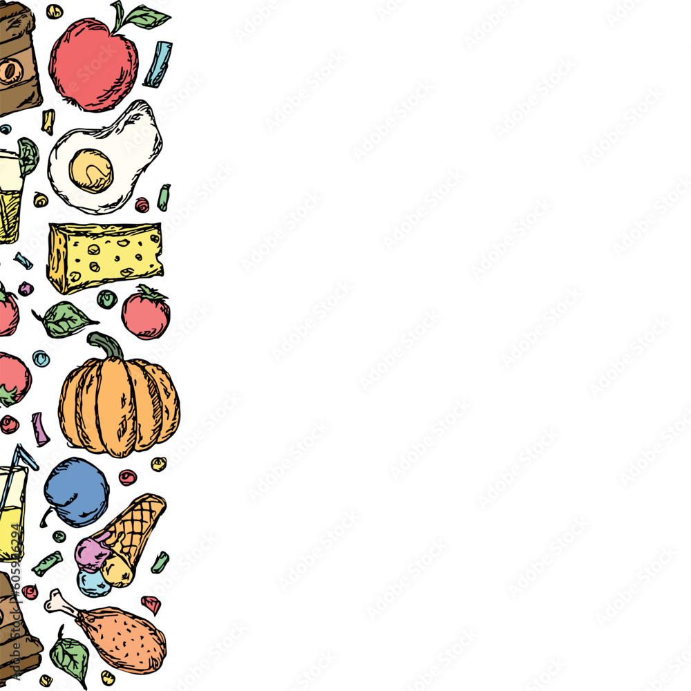 Fototapeta premium Drawn food background. Doodle food illustration with place for text