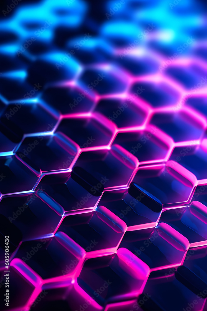 pink blue neon glowing abstract futuristic background with honeycomb shape in the black background with little bokeh light in the black background. Generative ai. pink blue neon glowing abstract futuristic background with honeycomb shape in the black background with little bokeh light in the black background. Generative ai.