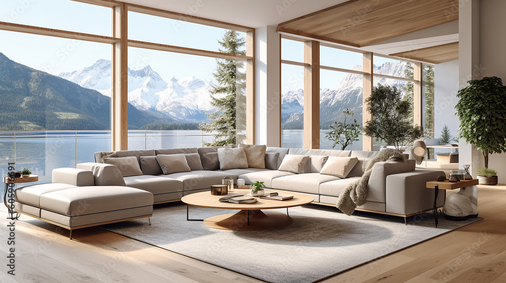 Elegant and comfortable designed living room with big corner sofa, wooden floor and big windows. Generative Ai