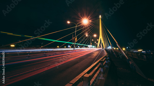 Long exposure night land scape at rama VIII bridge, the famous suspension bridge in Thailand , Bangkok, Thailand © pattana
