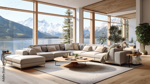 Elegant and comfortable designed living room with big corner sofa, wooden floor and big windows. Generative Ai © Malika