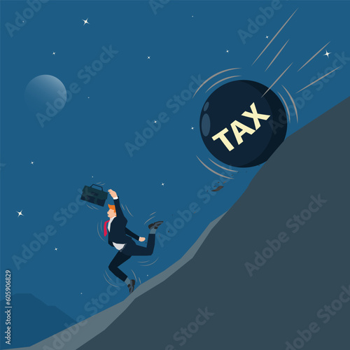 Businessman runs away from big ball TAX that is rolling down to him design vector illustration