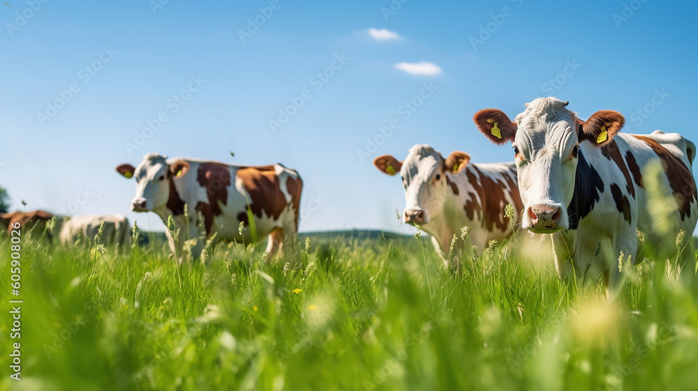 Cows herd on a grass field during the summer at sunset. Generative Ai Cows herd on a grass field during the summer at sunset. Generative Ai
