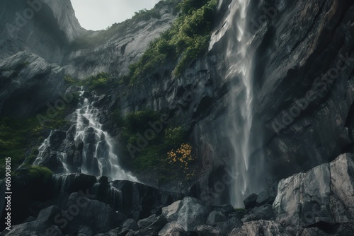 breathtaking waterfall cascading down a rocky cliff. Generative AI