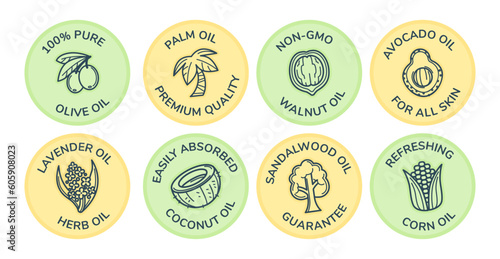 Round label set with organic oil ingredient sign