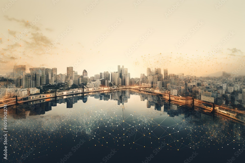 panoramic view of a city skyline with a river. Generative AI