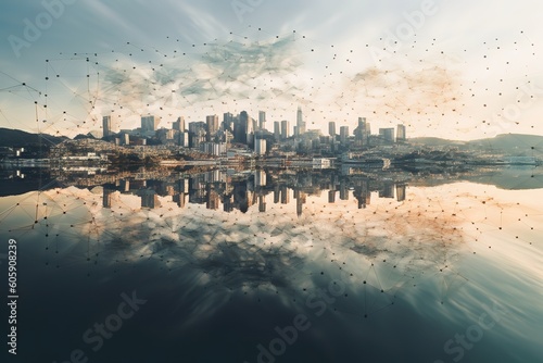 panoramic view of a city skyline with a river. Generative AI