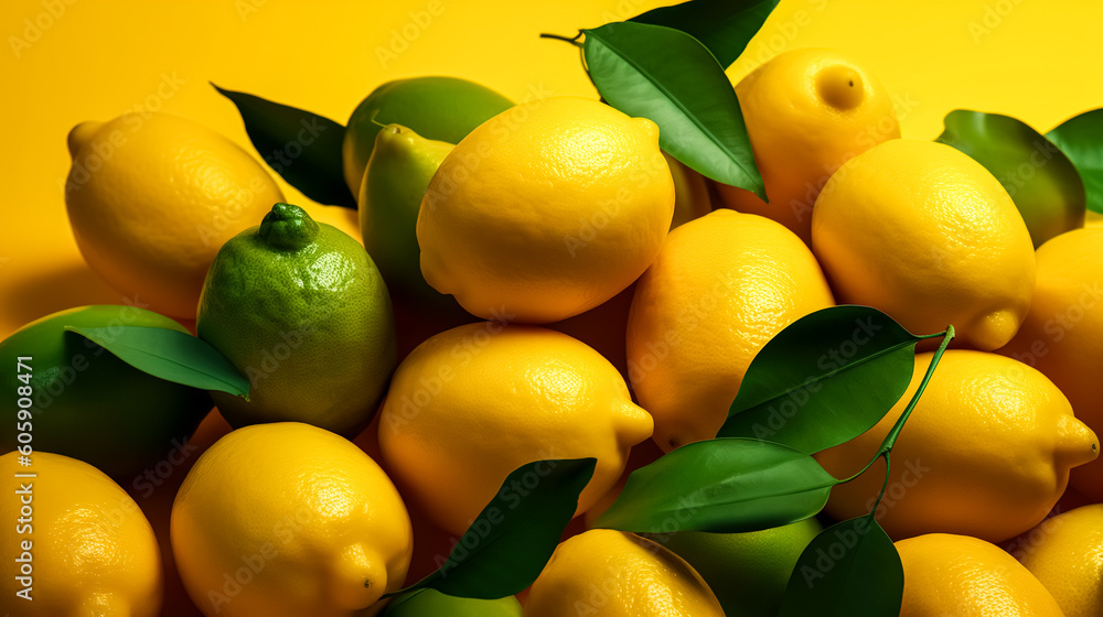 Ripe yellow lemons close up or texture, generative AI.