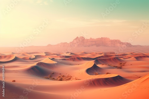 panoramic view of a desert landscape at dawn. Generative AI