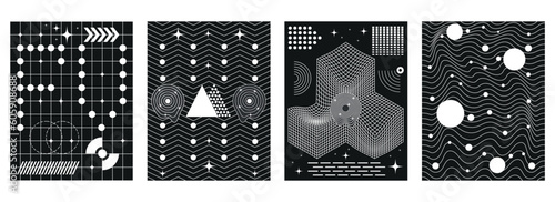 Set of mesh backgrounds with abstract geometric shapes in 3d style. Knots, elements, cyberpunk shapes in trendy psychedelic rave style. Retro futuristic aesthetics u2k. Vector illustration.