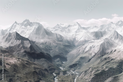 panoramic view of a snow covered mountain range. Generative AI