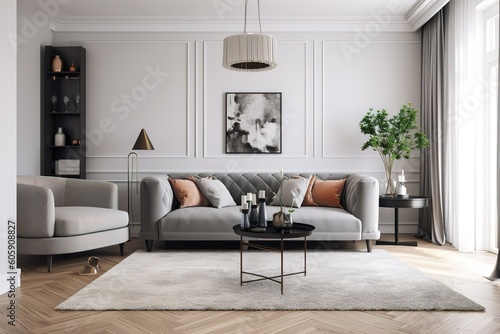 Panorama of luxury living room and dining area with sofa | Modern luxury living room interior background, living room interior mock-up | beautiful apartment, interior , Generative AI