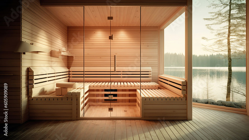 Front view of empty Finnish sauna room. Modern interior of wooden spa cabin with dry steam. Generative Ai