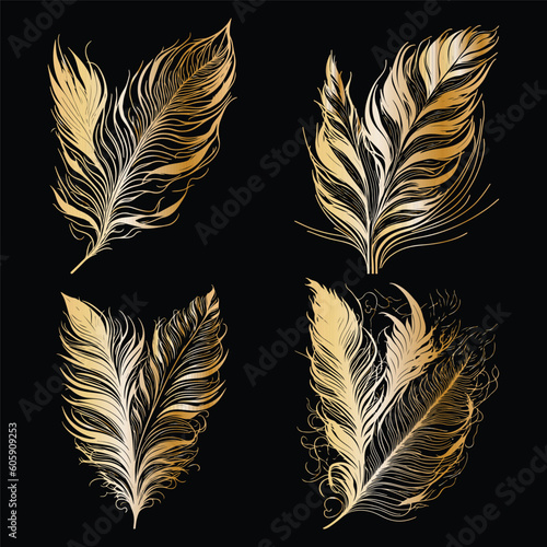 set of golden feathers vector, golden feather silhouettes on black background
