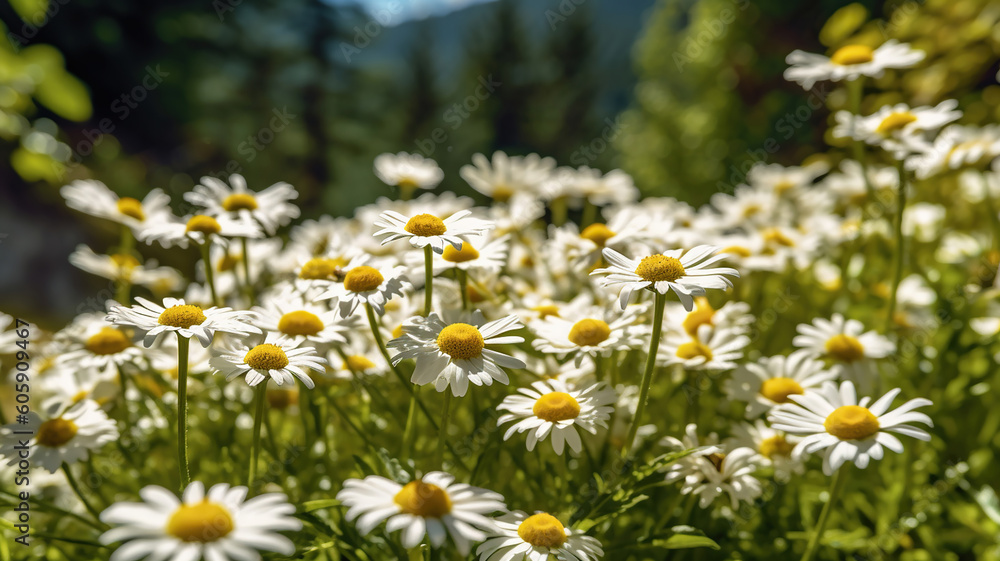 Fototapeta premium Green grass and chamomiles in the nature. Generative Ai