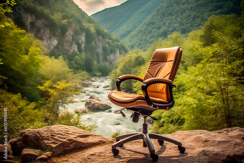Office chair facing a beautiful natural landscape, suggesting a balance between work and relaxation. Generative AI