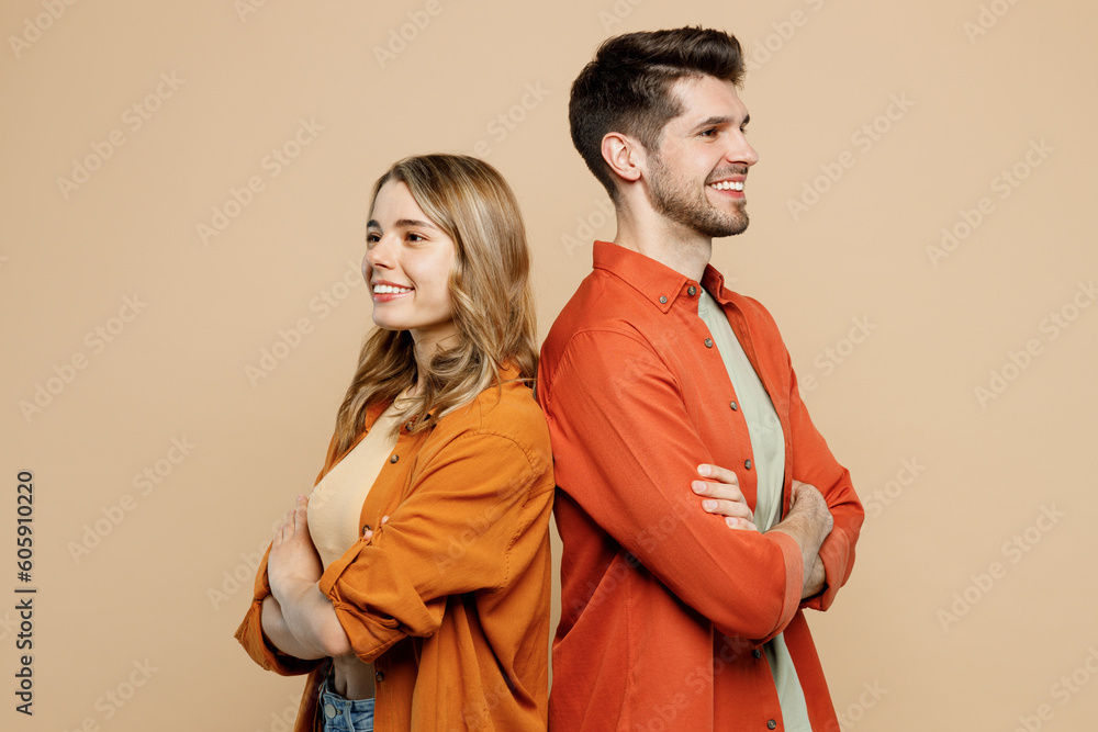 Side view fun young couple two friends family man woman wear casual