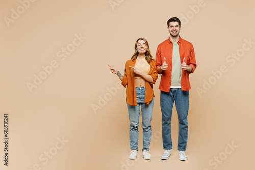 Quadro su tela Full body young couple two friend family man woman wear casual clothes together