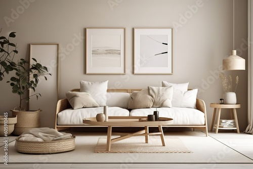 Stylish living room interior with modern light couch and home plants   Stylish white modern living room interior  home decor   Wall mock up in living room. Scandinavian interior Generative AI 