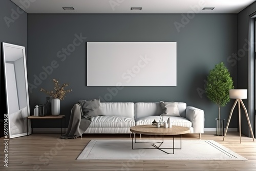 Stylish living room interior with modern light couch and home plants   Stylish white modern living room interior, home decor   Wall mock up in living room. Scandinavian interior,Generative AI  © Azar