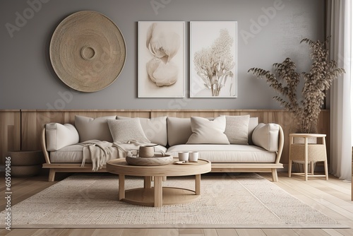 Stylish living room interior with modern light couch and home plants | Stylish white modern living room interior, home decor | Wall mock up in living room. Scandinavian interior,Generative AI 
