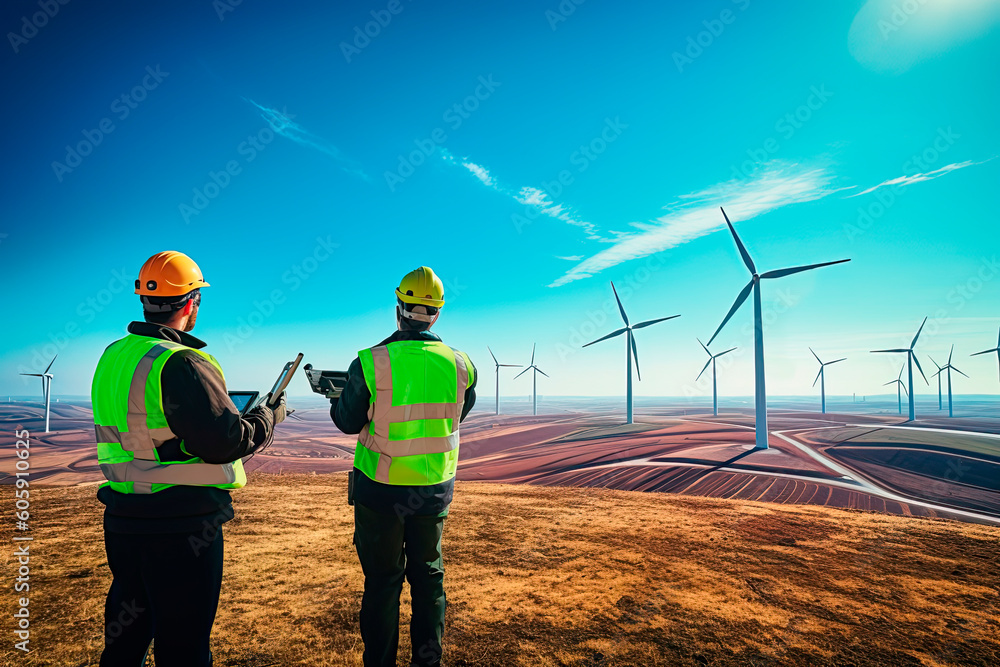 custom made wallpaper toronto digitalTwo engineers work on a huge wind turbine farm, the epitome of alternative energy. Generative AI