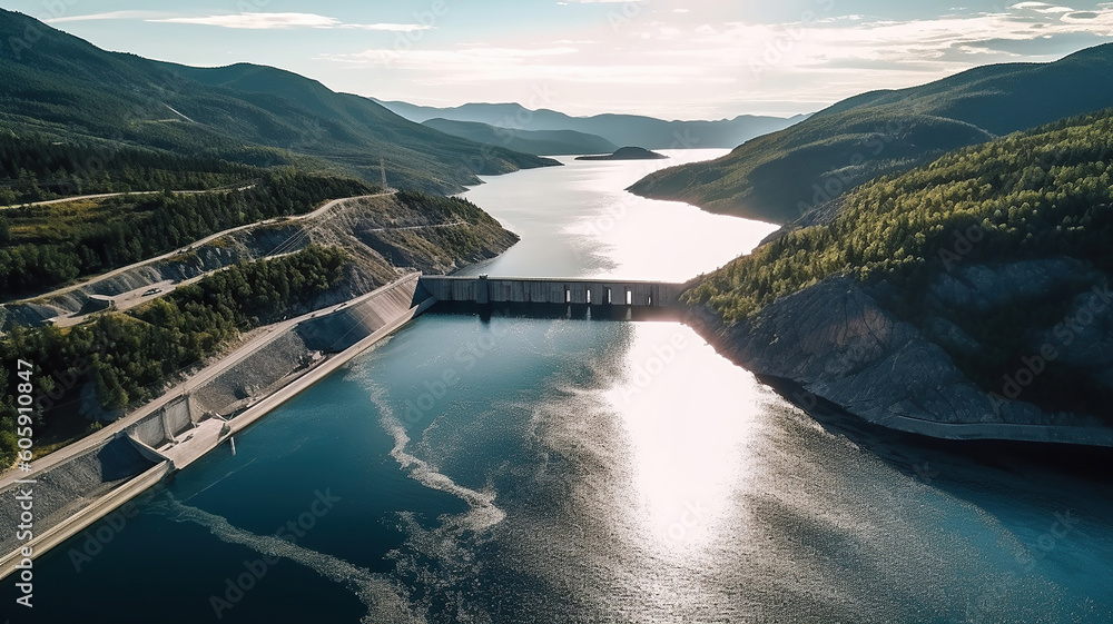 Aerial panoramic view of Hydroelectric Dam on river. Generative Ai Aerial panoramic view of Hydroelectric Dam on river. Generative Ai
