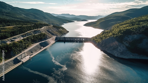 Aerial panoramic view of Hydroelectric Dam on river. Generative Ai