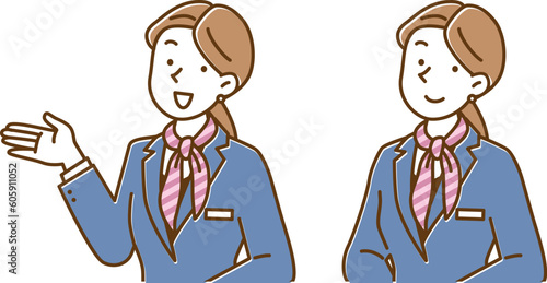 案内するスカーフを巻いたコンシェルジュの女性　イラストセット