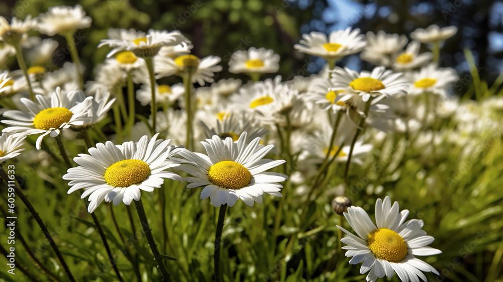 Green grass and chamomiles in the nature. Generative Ai Green grass and chamomiles in the nature. Generative Ai