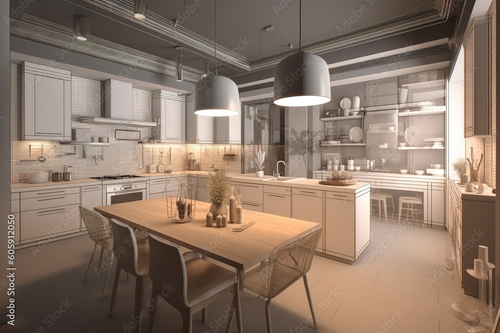 interior kitchen living room 3d illustration. Generative AI