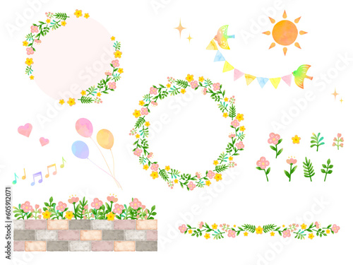 水彩風の花のフレームや可愛いカットイラストのセット